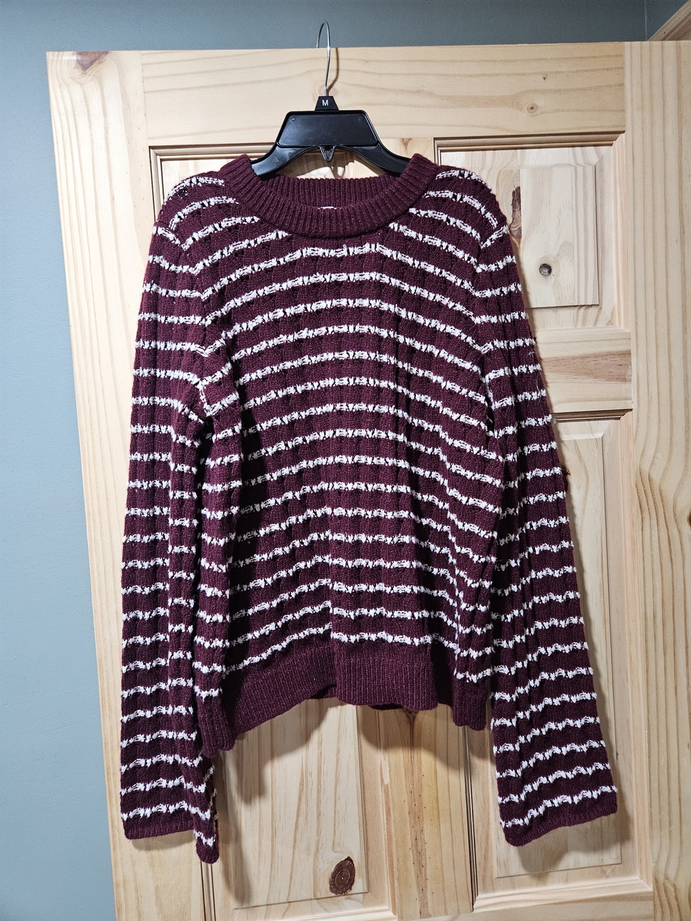 C&C California Maroon and Cream Striped Crewneck Sweater